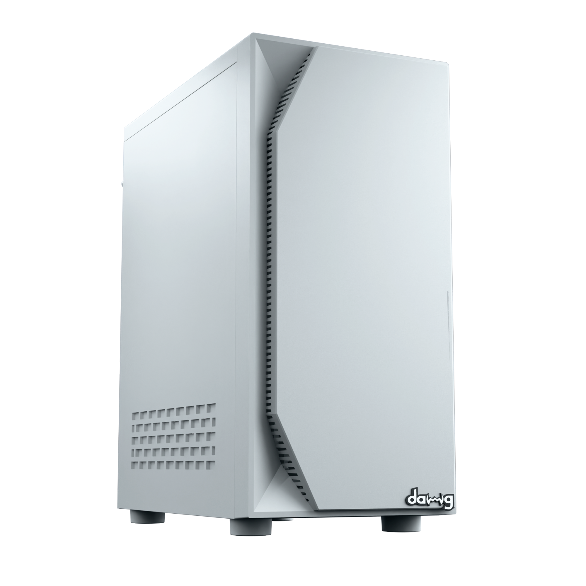 daWg v211 white mid tower chassis with sleek finish, angled view