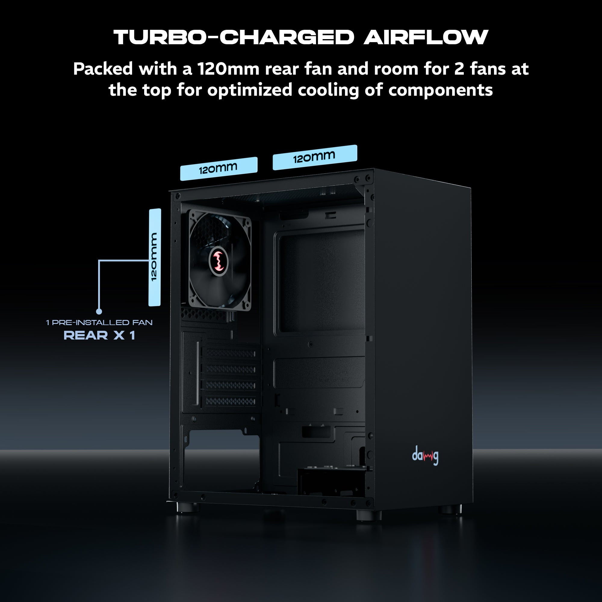 daWg v110 black mini tower chassis , 120mm cooling fan in rear and top for optimized cooling