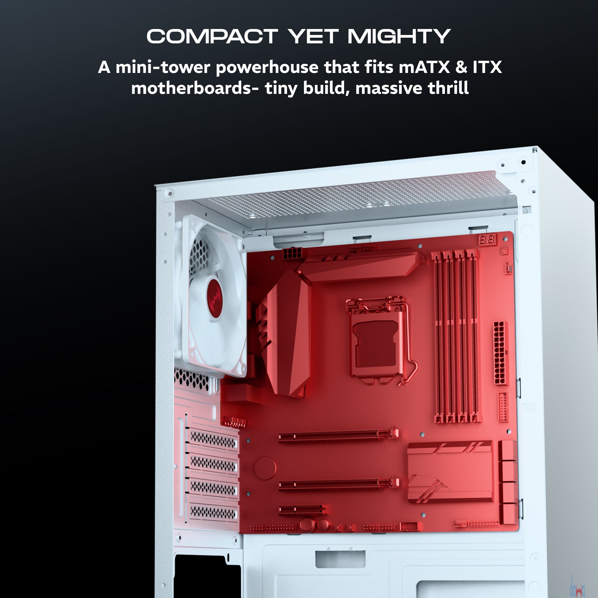 daWg v110 white mini tower chassis , the compact internal space yet fits all internal components