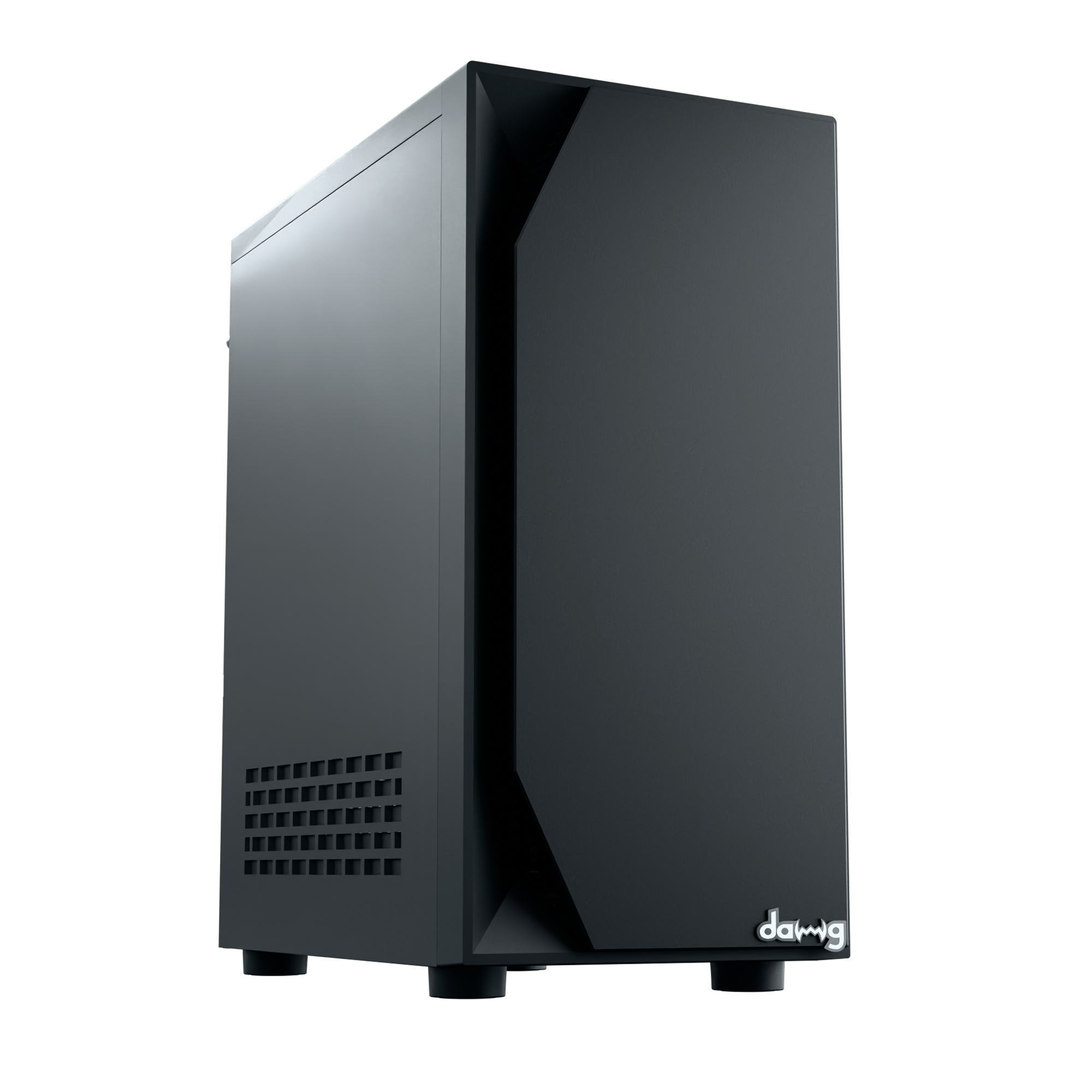 daWg v211 black mid tower chassis with sleek finish, angled view