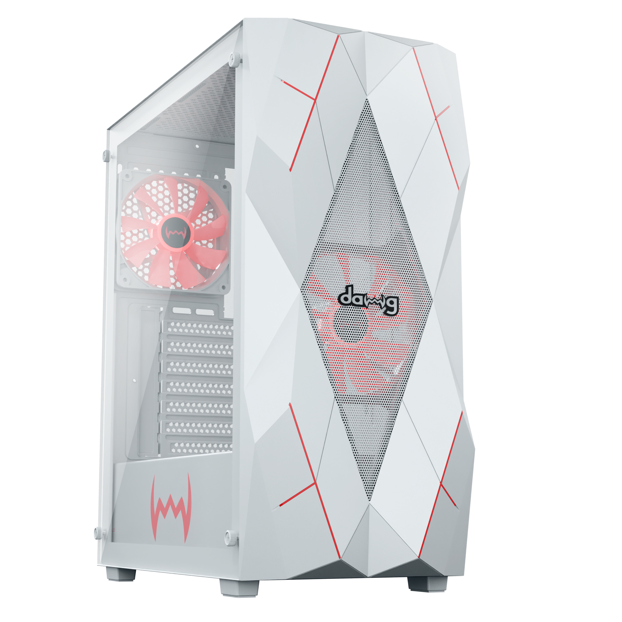 daWg V240 white Mid tower chassis with glossy finish, angled view