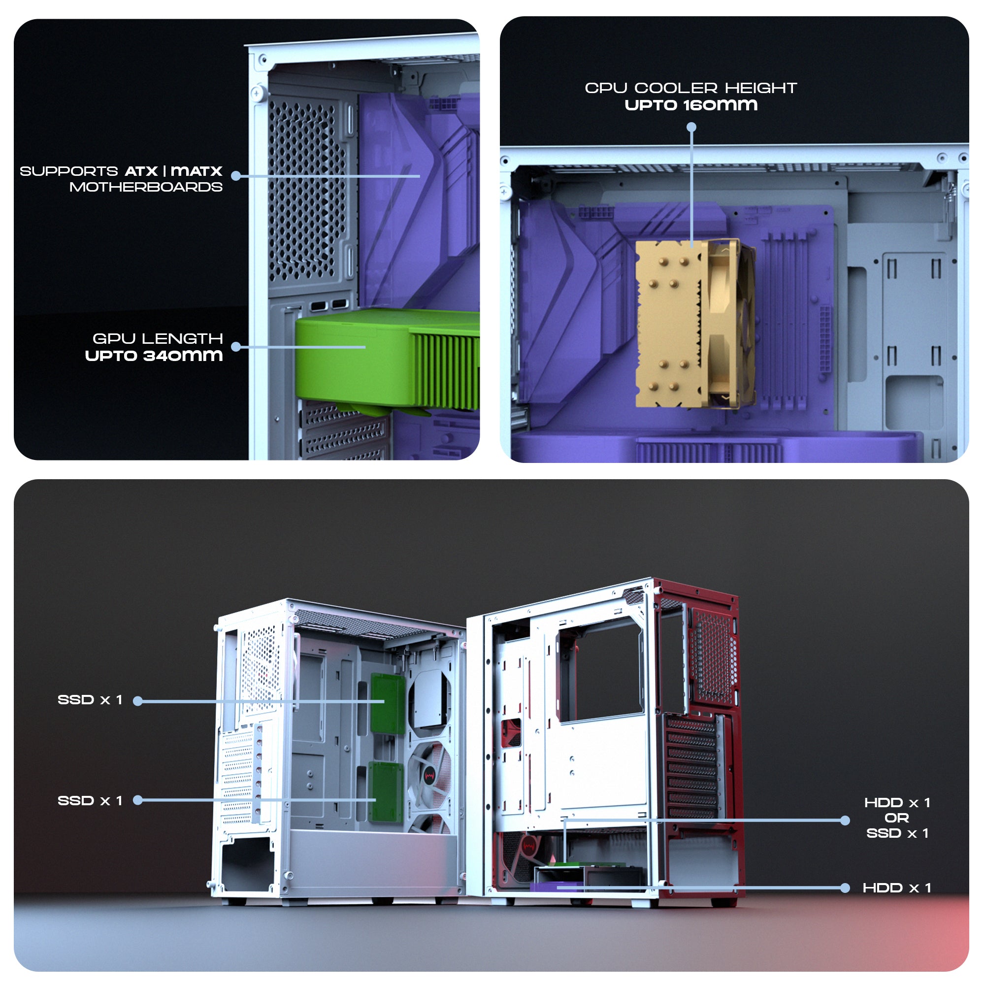 daWg v350 White mid tower chassis, Internal components with dimensions of it