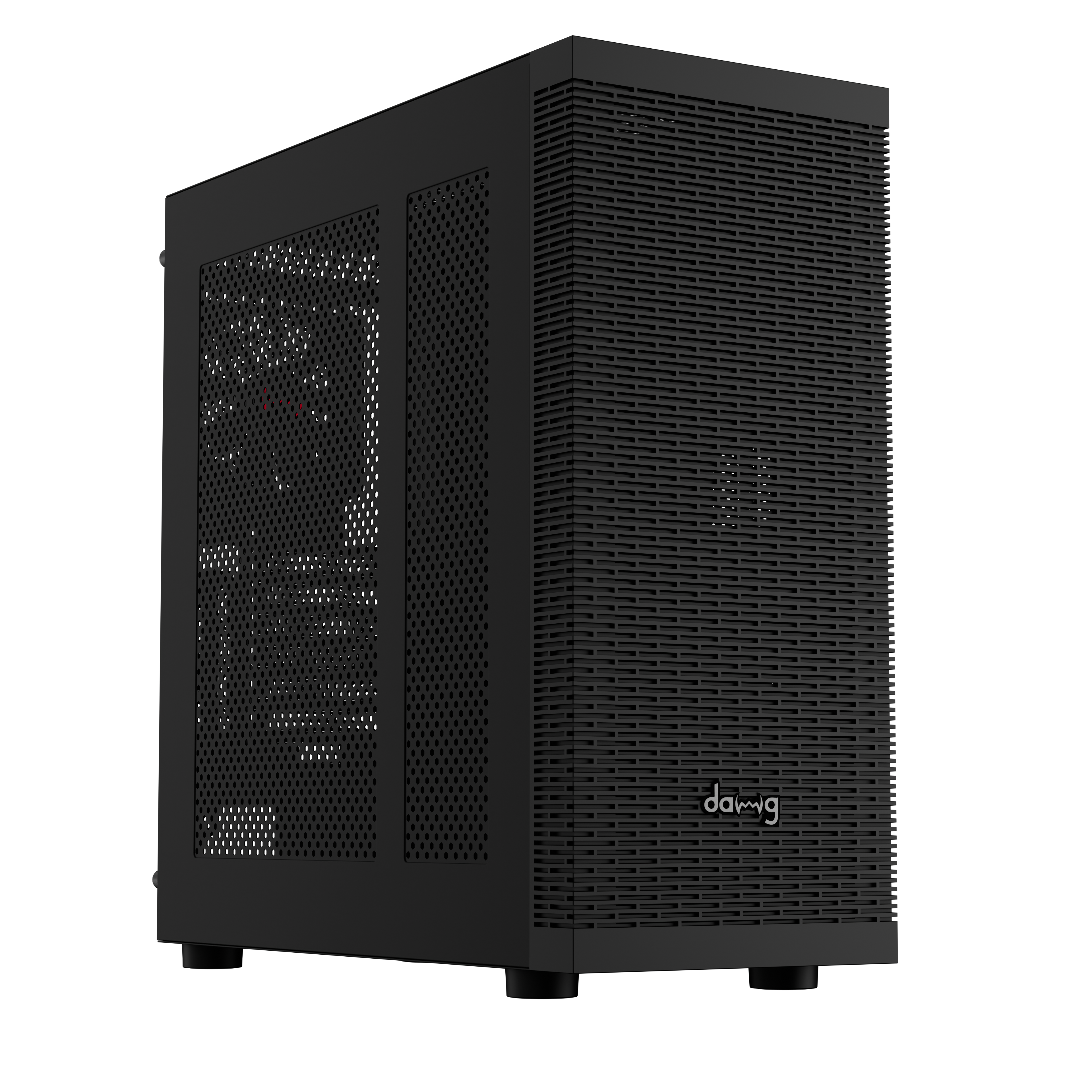 daWg X490 full tower chassis with sleek finish, angled view