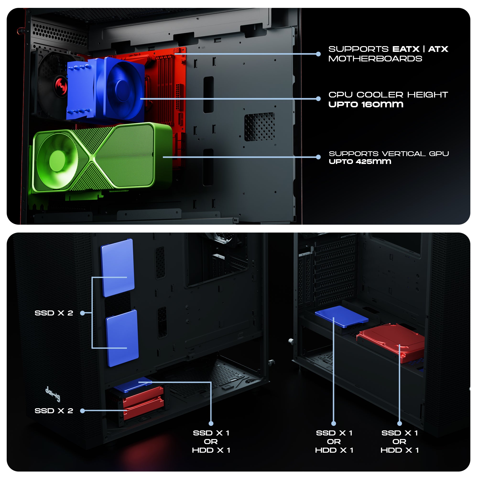 daWg X490 full tower chassis internal components with dimensions of it