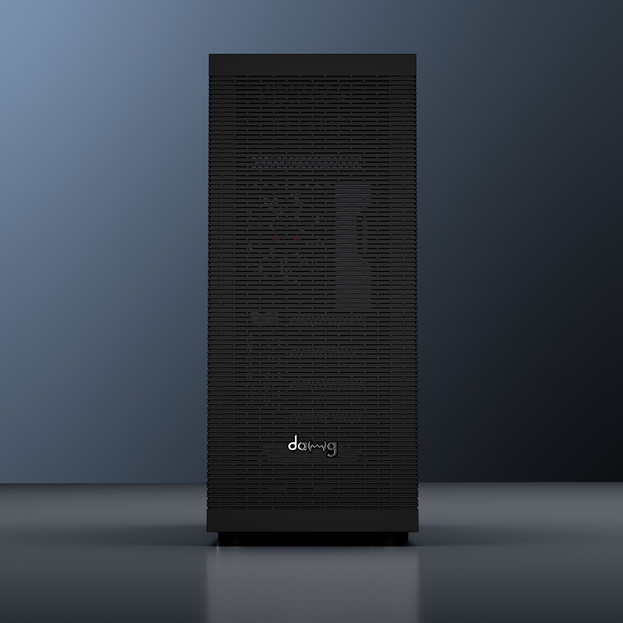 daWg X490 full tower chassis front view and aio cooler in front