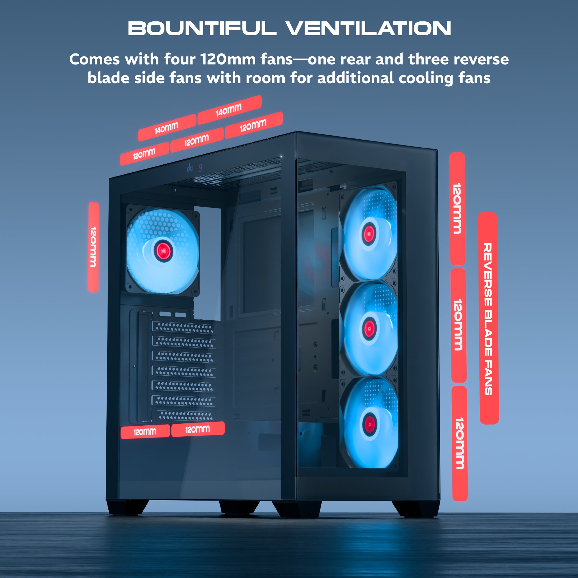 daWg X 520 Black Mid tower chassis , Shows four 120 mm fan for ventilation