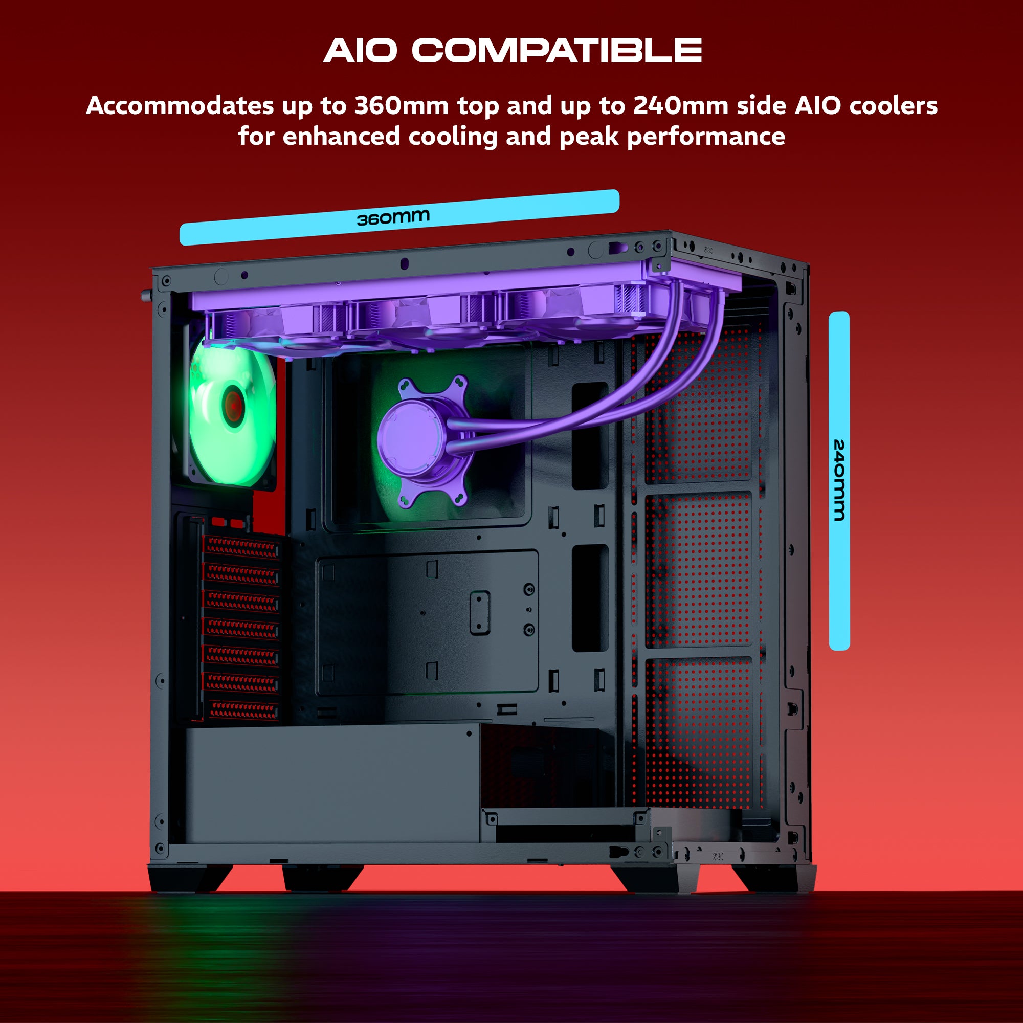 daWg X 520 Black Mid tower chassis , shows AIO coolers and dimensions of it