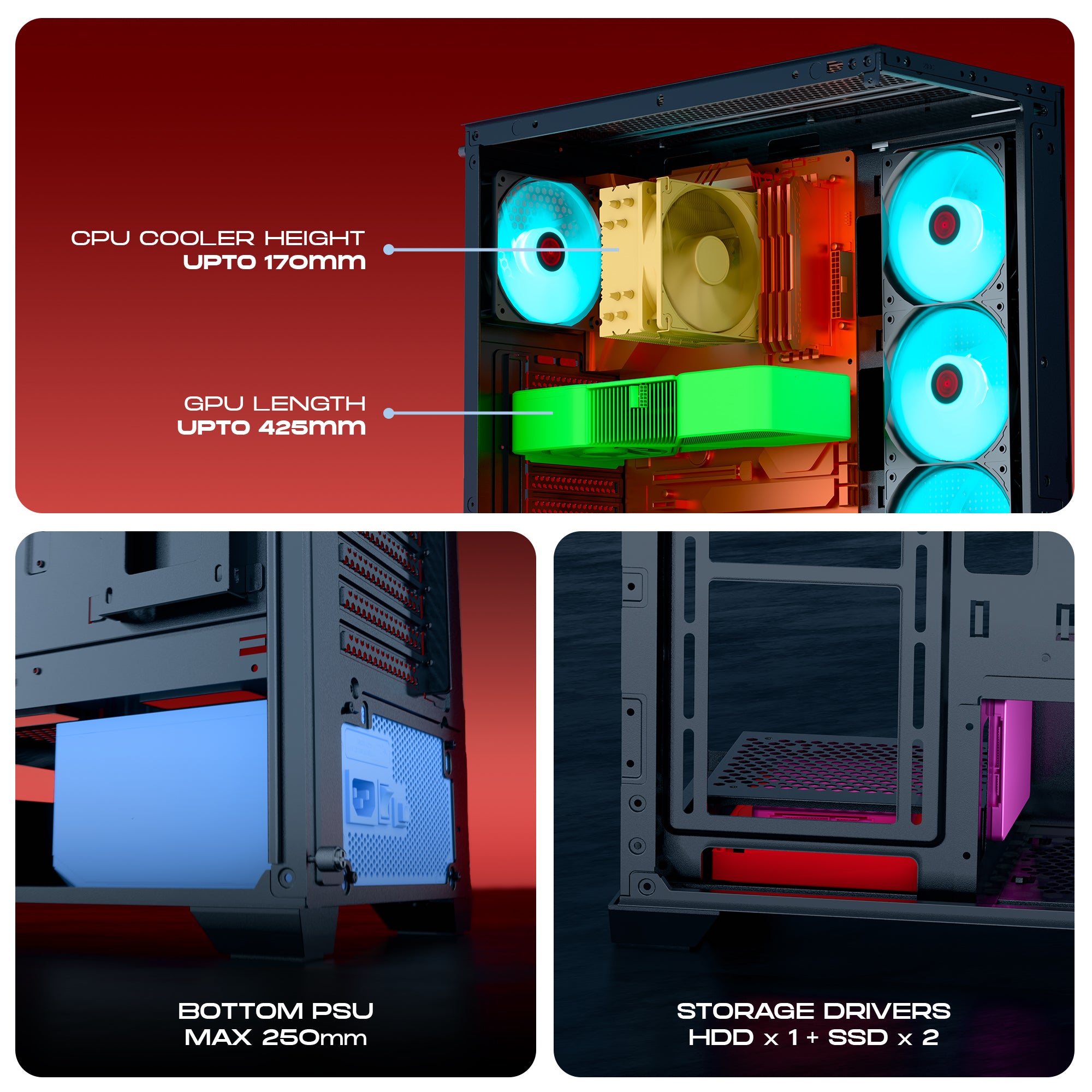 daWg X 520 Black Mid tower chassis , Shows Dimensions of internal components