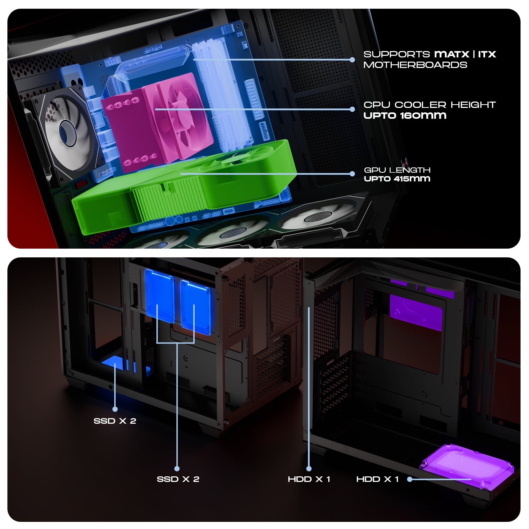 daWg Y 740 Black Cube Chassis, shows dimensions of internal components