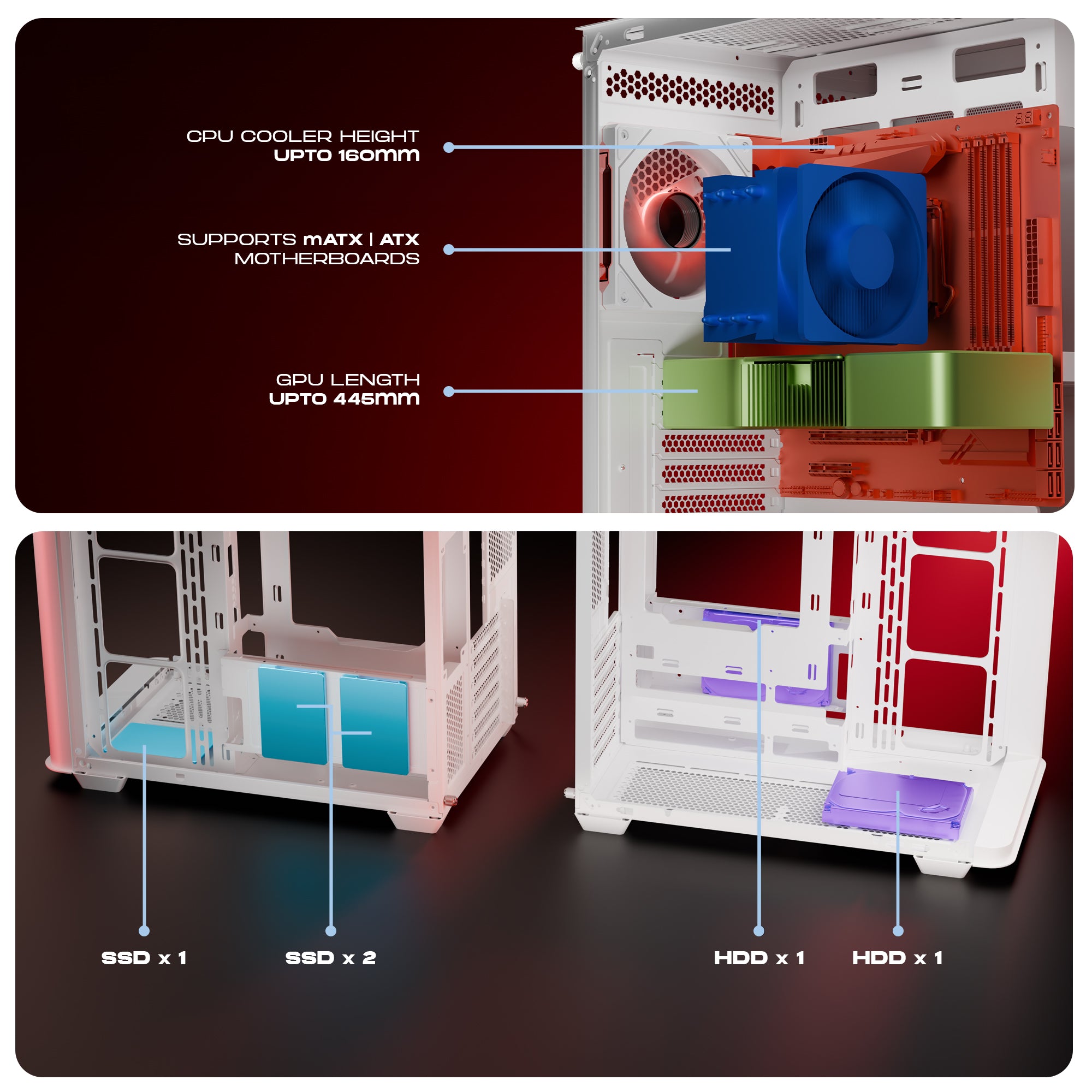 daWg Y820 White Mid Tower Chassis shoes dimensions of internal components