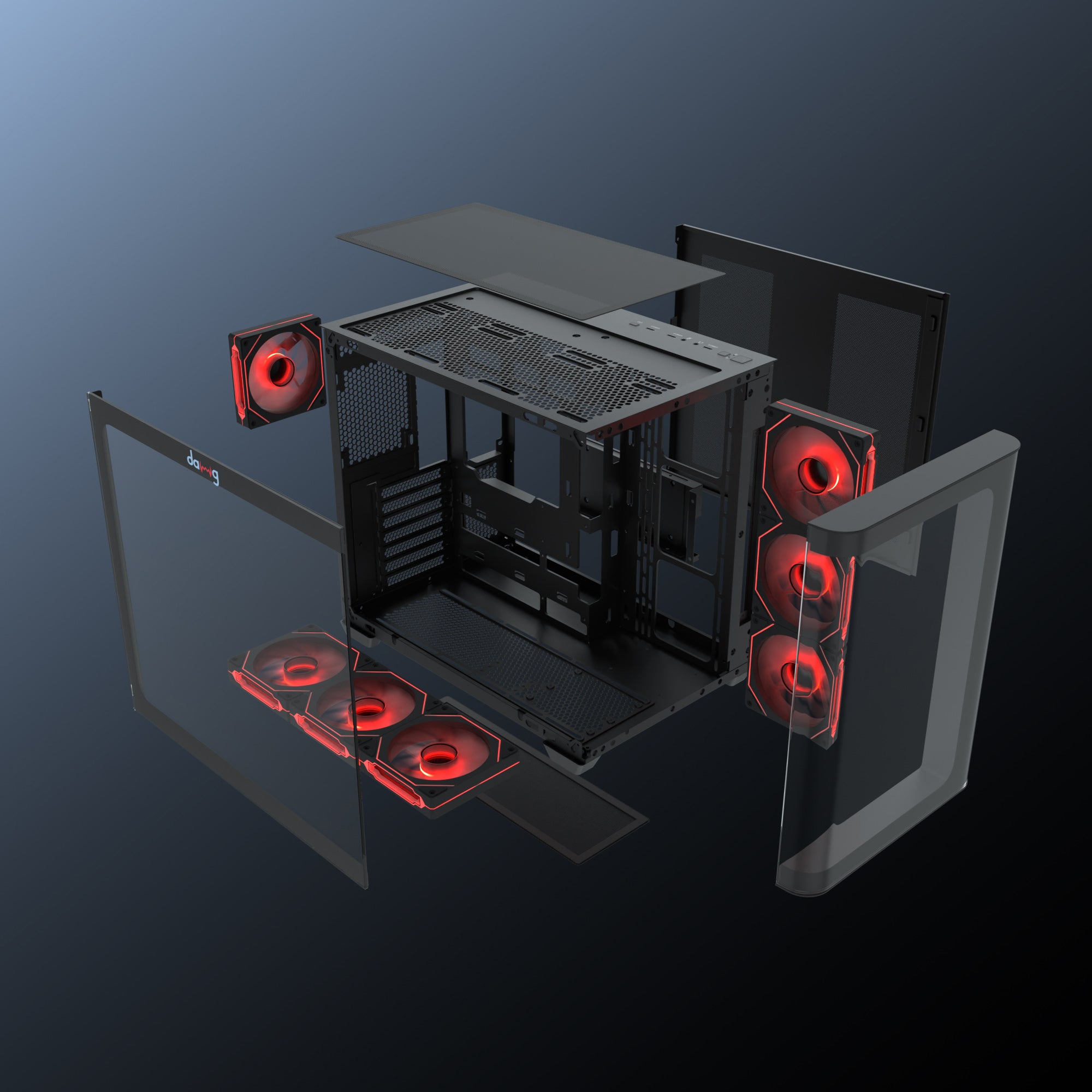 daWg Y820 black Mid Tower Chassis , dismantled view of all parts