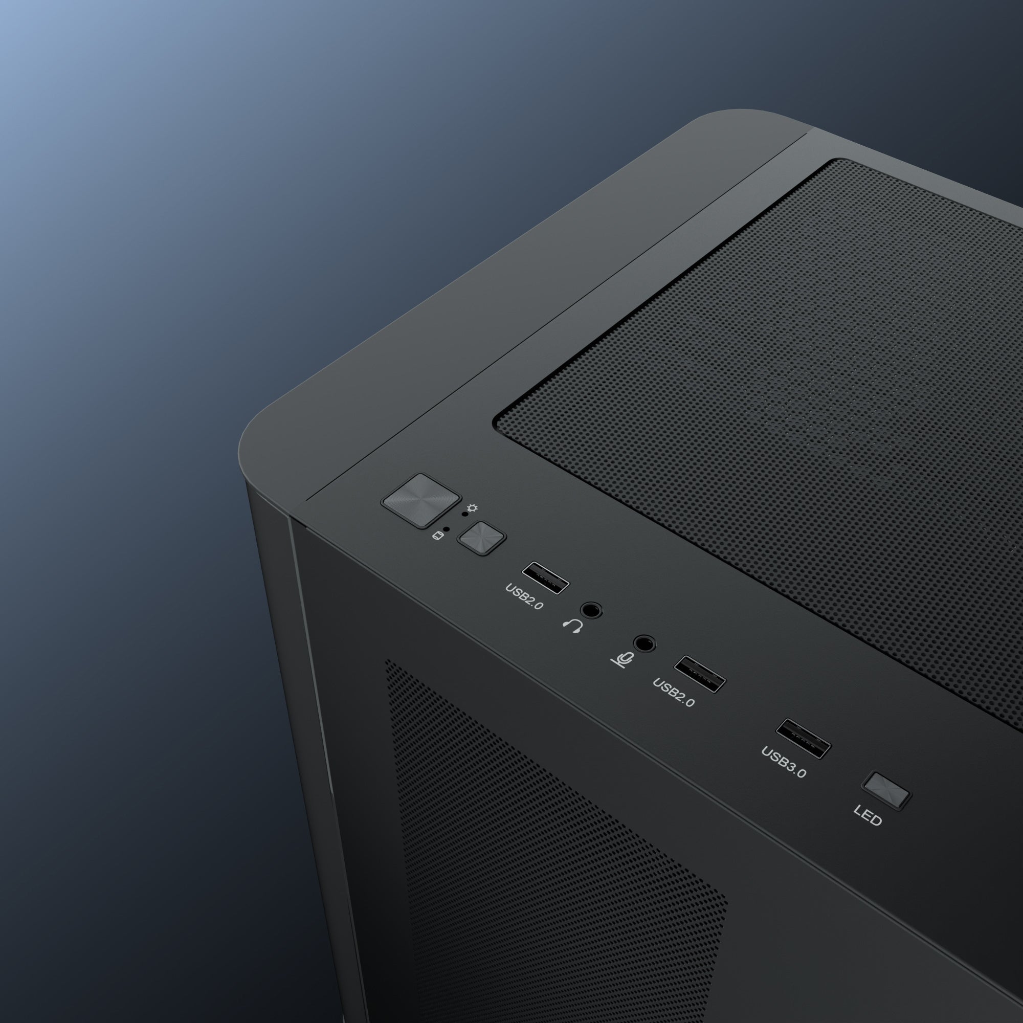 daWg Y820 black Mid Tower Chassis ,shows input ports of Chassis