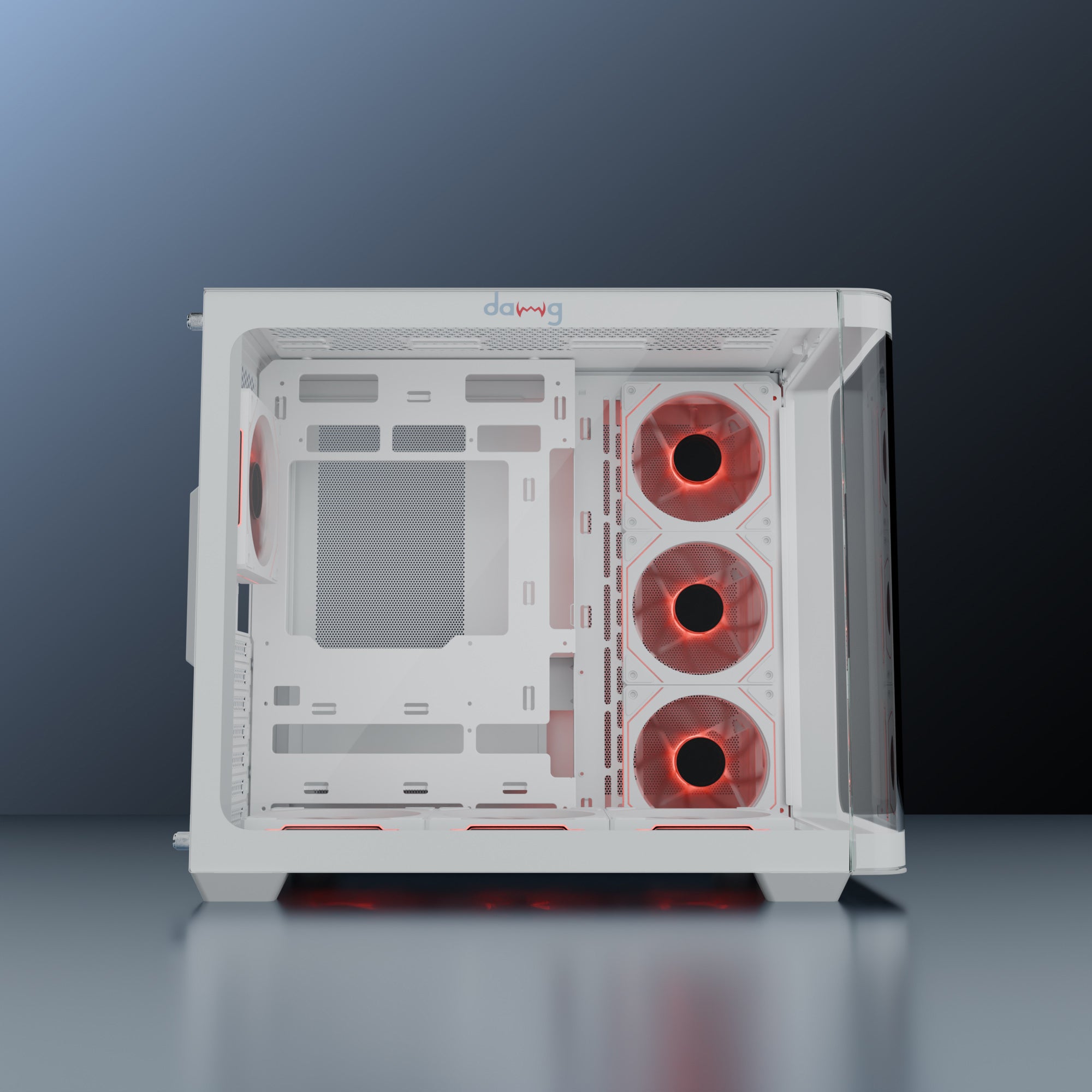 daWg Y820 white Mid Tower Chassis Side view of cooling fans