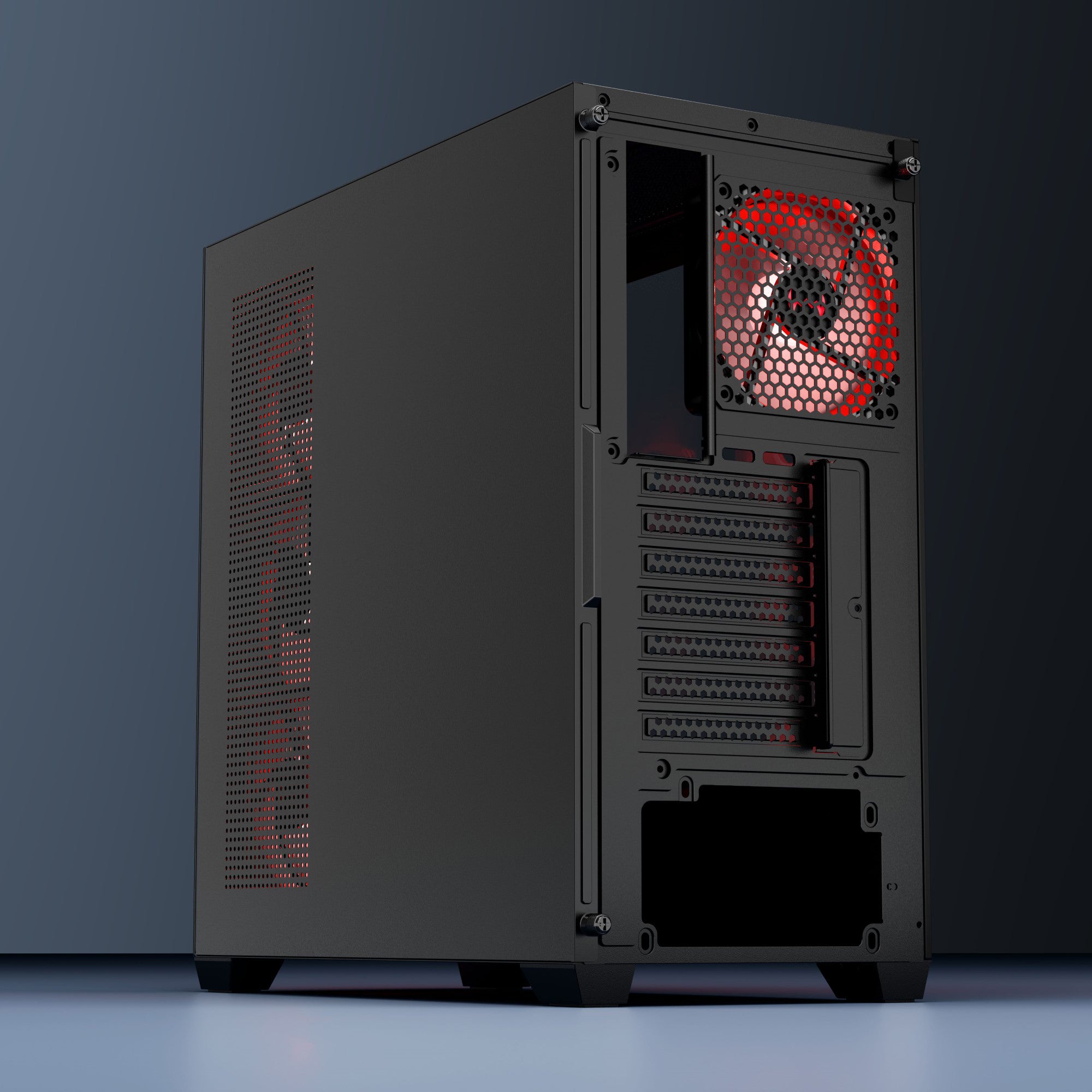 daWg X 520 Black Mid tower chassis , shows the whole rear panel description