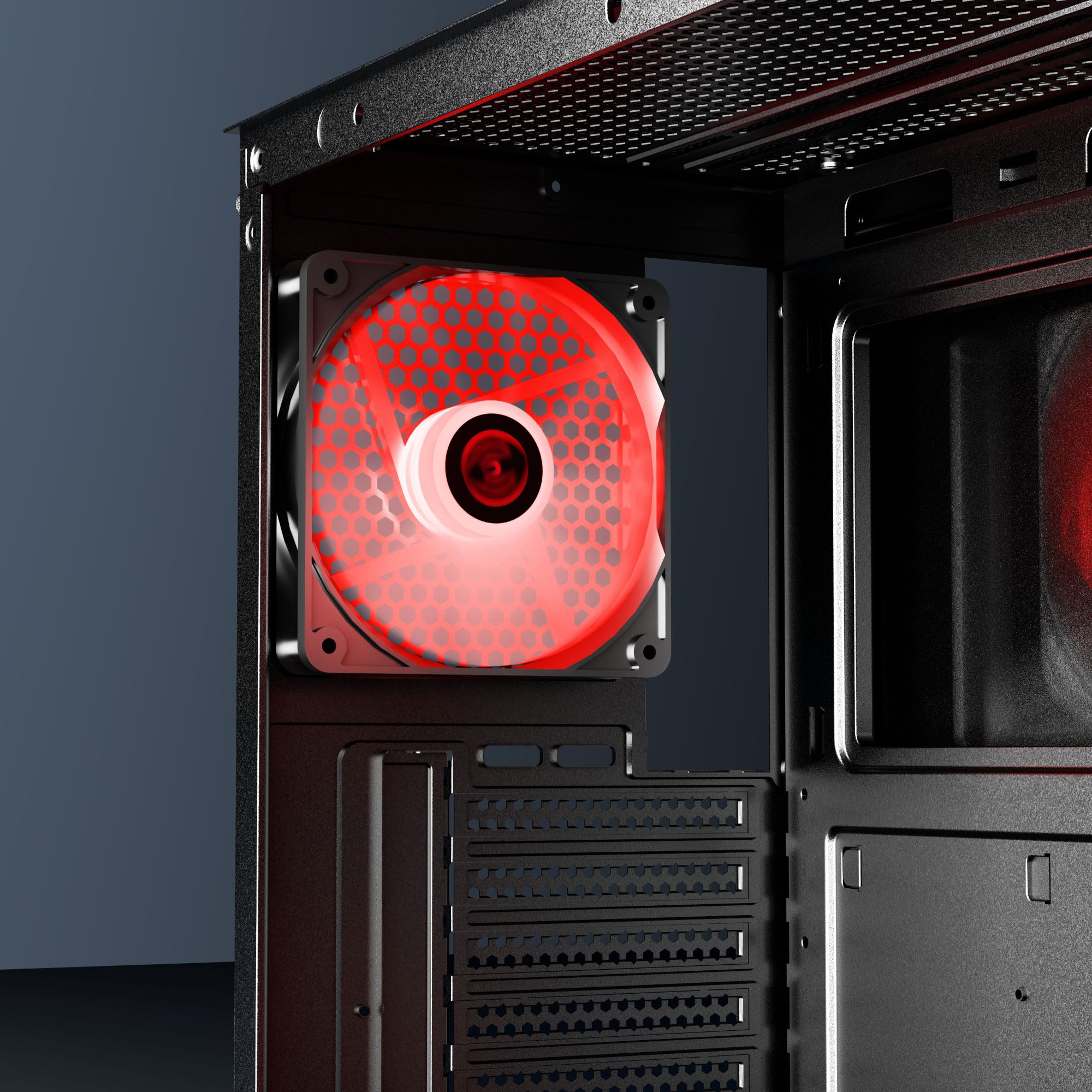 daWg X 520 Black Mid tower chassis shows 120 mm rear fan for ventilation