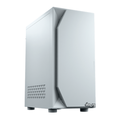 daWg v211 white mid tower chassis with sleek finish, angled view