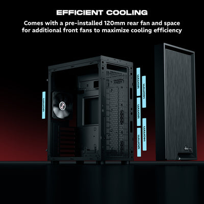 daWg V210 black mid tower chassis with 120mm rear fan and internal space for cooling efficiency