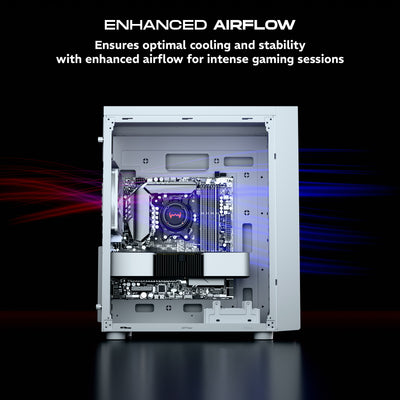 daWg V210 black mid tower chassis shows airflow direction of chassis ensures enhanced airflow