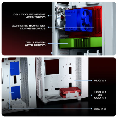 daWg V210 White mid tower chassis shows internal components and dimensions of it