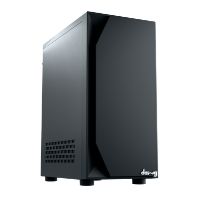 daWg v211 black mid tower chassis with sleek finish, angled view