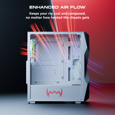 daWg V240 white Mid tower chassis shows direction of airflow for enhanced airflow