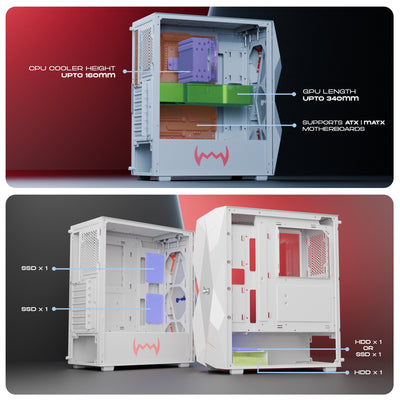 daWg V240 white mid tower chassis , internal components and dimensions of it