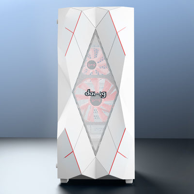 daWg V240 White Mid tower chassis front view with sleek finish