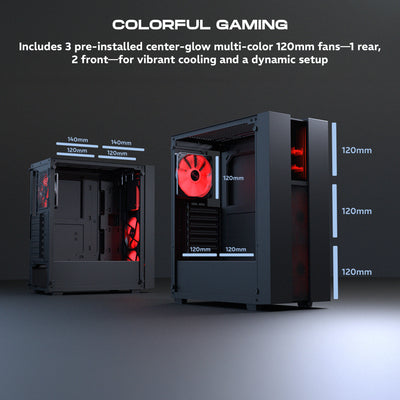 daWg v350 black mid tower chassis, 120mm cooling fans in rear and front for colorful gaming