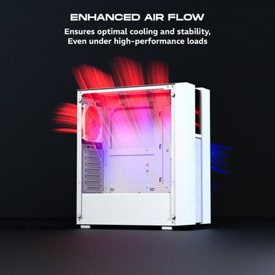 daWg v350 white mid tower chassis, airflow direction design for enchanced airflow