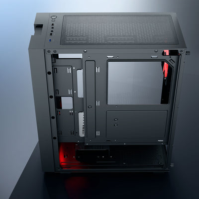 daWg v350 black mid tower chassis, side view of internal design