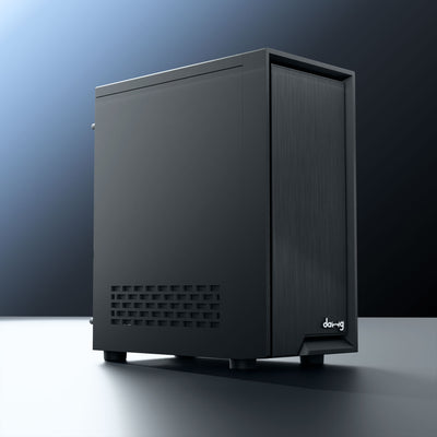 daWg V210 black mid tower chassis , sleek and glossy finish , angled view