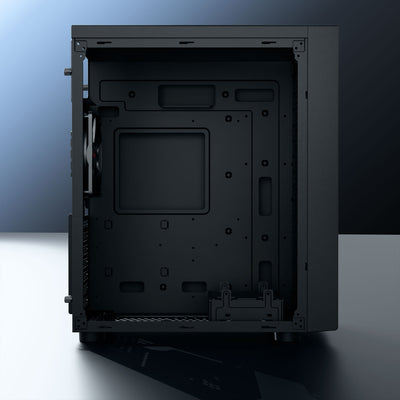 daWg V210 black mid tower chassis , side view of internal design