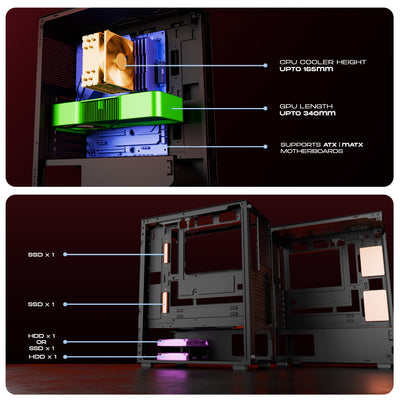 daWg X 430 Black Mid tower Chassis , Shows internal components and dimensions of it