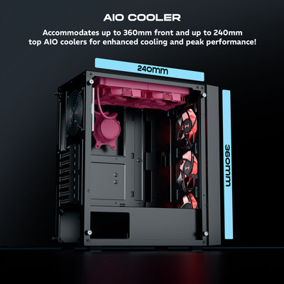 daWg X440 black mid tower chassis with 240mm and 360mm AIO cooler top and front