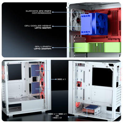 daWg X440 black mid tower chassis showing internal components and dimensions of it