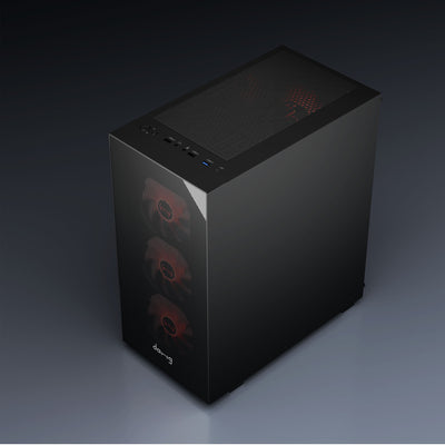 daWg X440 black mid tower chassis top view with all input ports