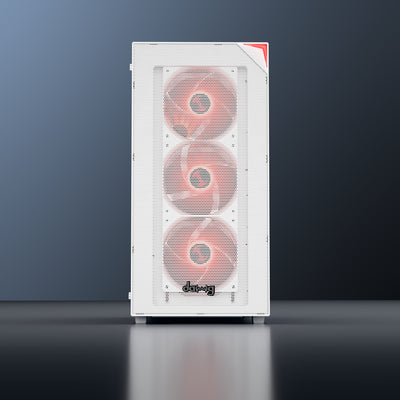 daWg X440 black mid tower chassis front view with AIO cooler and cooling fans
