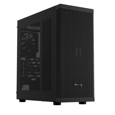 daWg X490 full tower chassis with sleek finish, angled view