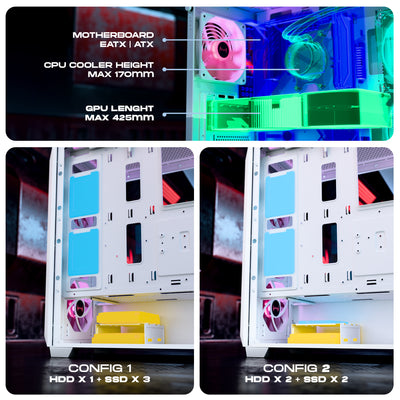 daWg X 540 White full tower Chassis  shows dimensions of internal components