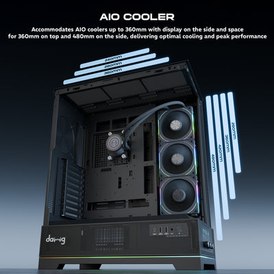 daWg Y990 Black Mid Tower Chassis Shows Dimension of AIO Cooler