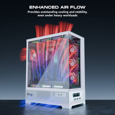 daWg Y990 White Mid Tower Chassis Shows Direction of airflow design 