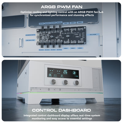 daWg Y990 White Mid Tower Chassis with the ARGB PWM Fan and Control dashboard 